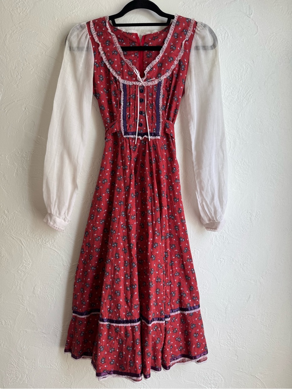 Vintage 1970 Gunne Sax by Jessica Red Calico Floral Bib Yoke Prairie Midi Dress